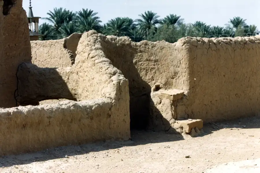 جدران طينية قديمة في سدوس، وخلفها النخيل ومنارة مسجد