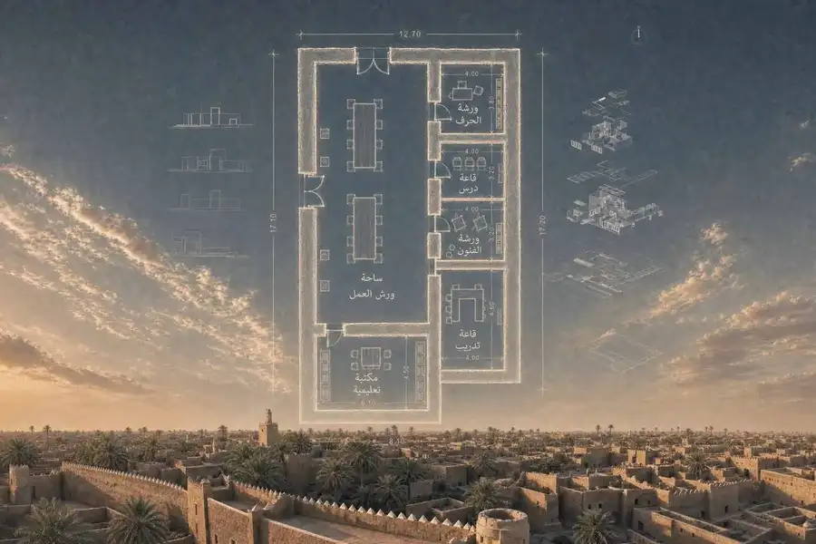 تصور مستقبلي: مخطط المدرسة القديمة مركزاً للمعرفة فوق منظر للقرية