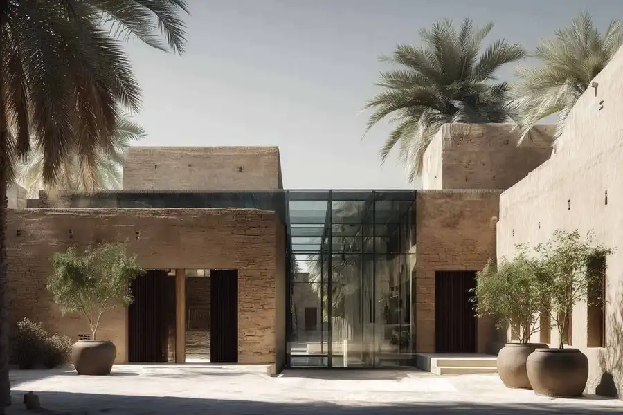 تصور مستقبلي: مبنى طيني مرمم بمدخل زجاجي حديث بين النخيل