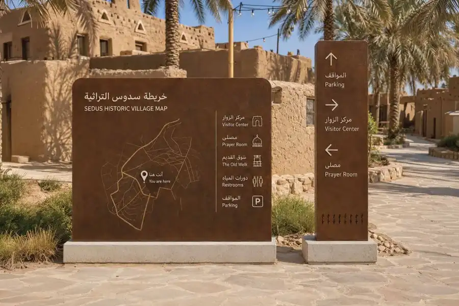 تصور مستقبلي: لوحة خريطة قرية سدوس التراثية ولوحة توجيه بين النخيل