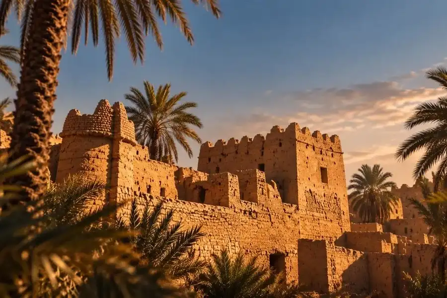 أبراج سدوس الطينية بين النخيل عند الغروب